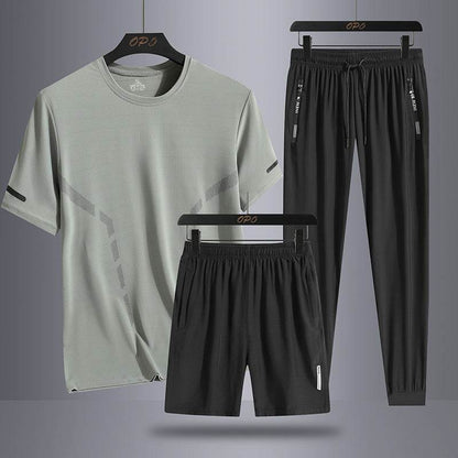 Men's Sports Three-Piece Set - Breathable Short Sleeve & Shorts for Comfort - Buy Center