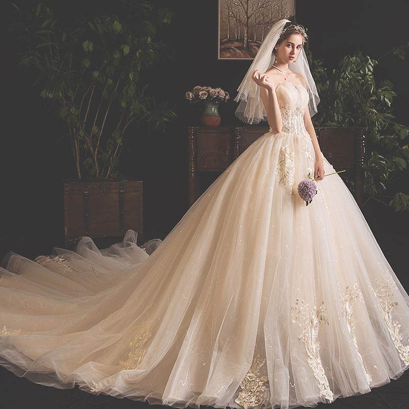 Elegant Bride Summer Tube Top Dress - Mori Style Trailing Skirt in Champagne - Buy Center