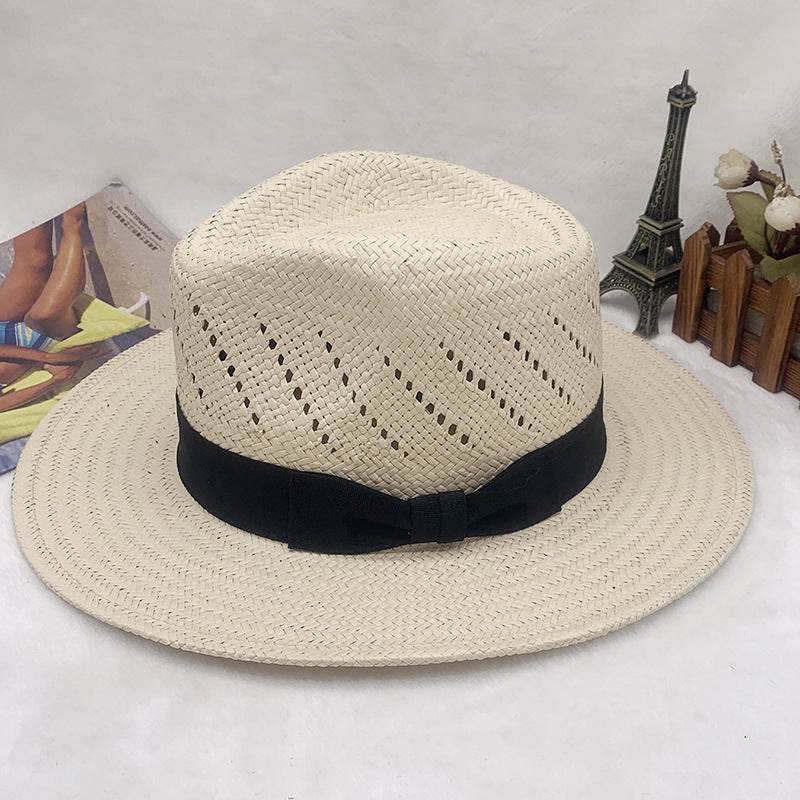 Striped Bow Flat-Brimmed Jazz Straw Top Hat - Adjustable & Stylish Sun Protection - Buy Center