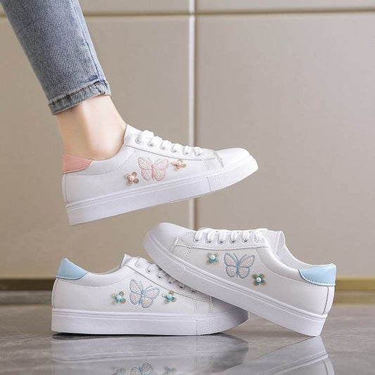 Buycenter Women's Flat Sneakers with Bow - Stylish Floral Design, Non-Slip - Buy Center