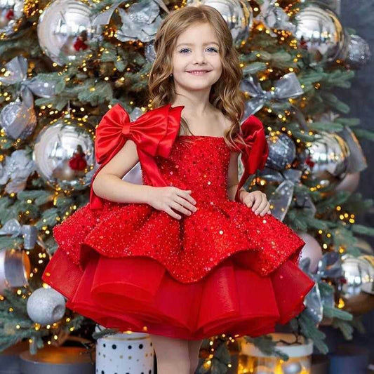 Girl’s Red Princess Dress - Tulle Skirt & Sequined Bow for Flower Girls - Buy Center