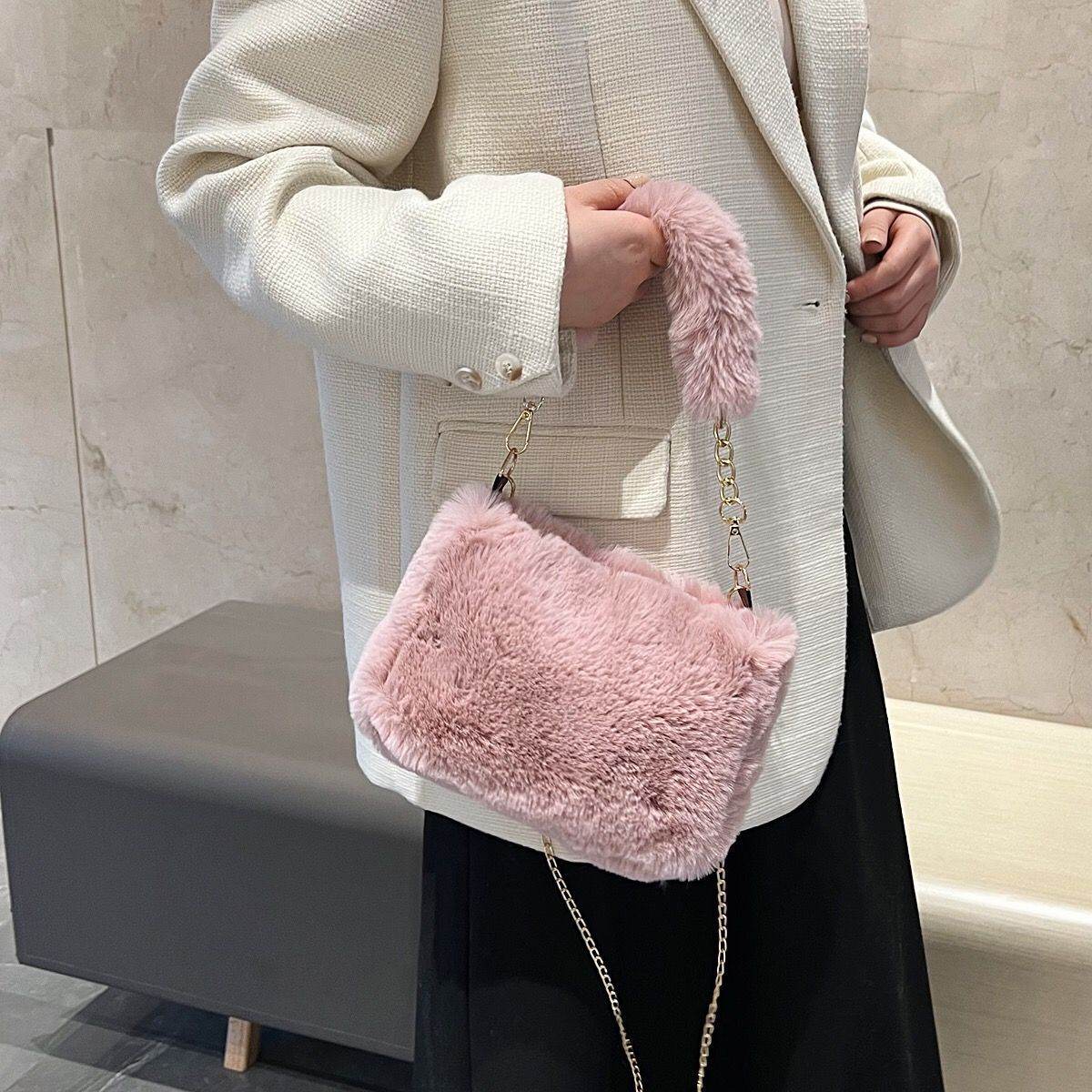 Pearl Chain Plush Bag - Stylish Clutch for Women in Milky White & Khaki - Buy Center