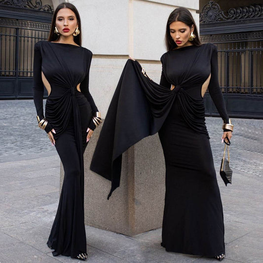Women's Slim-fit Long Sleeve Dress - Back Hollow-out Style for 2025 - Buy Center