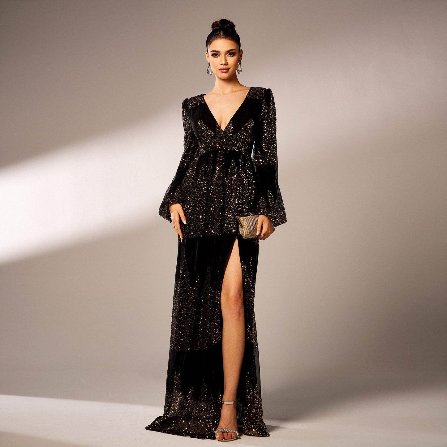 Elegant Long Sleeve V-Neck Sequined Evening Dress - Stylish for Special Occasions - Buy Center