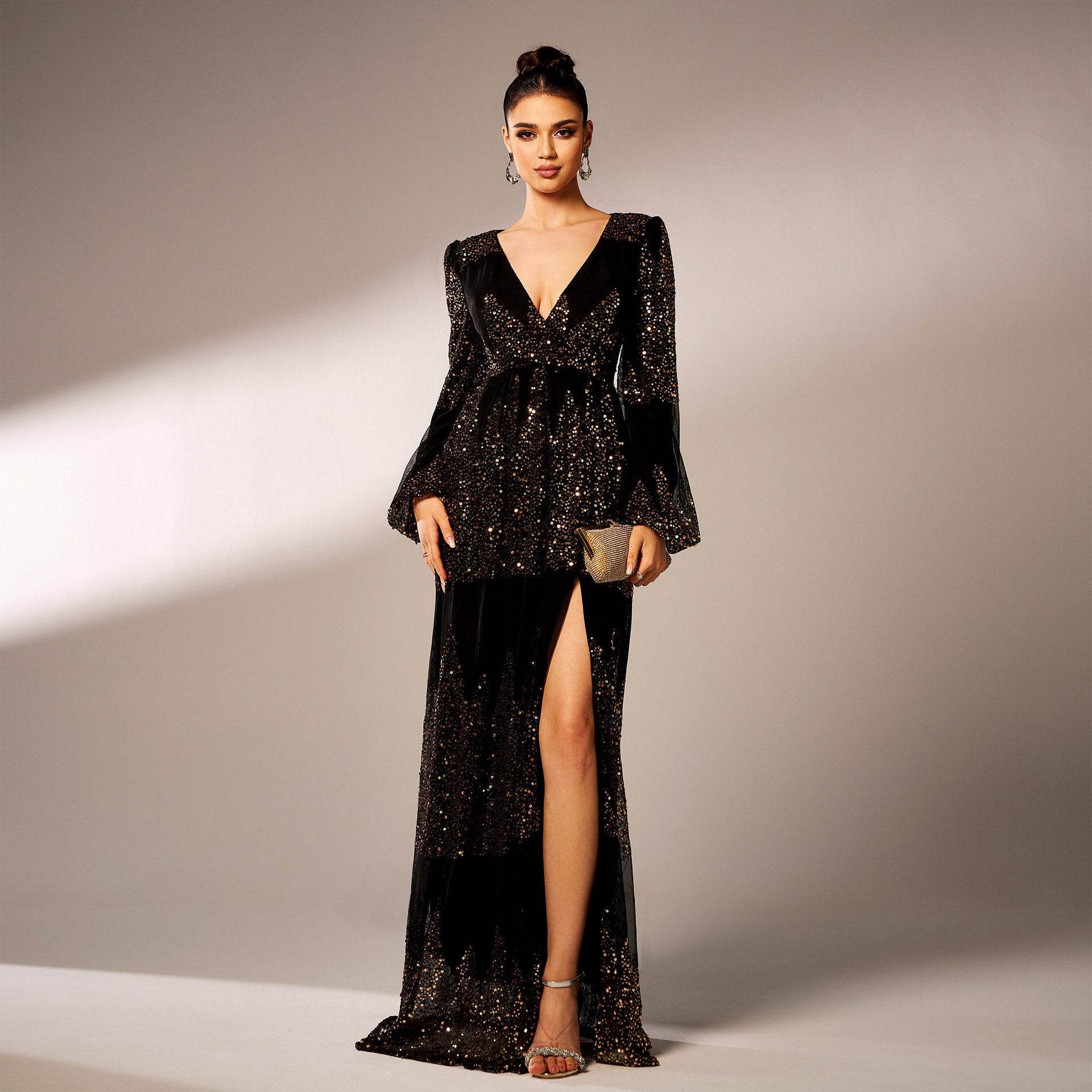 Elegant Long Sleeve V-Neck Sequined Evening Dress - Stylish for Special Occasions - Buy Center
