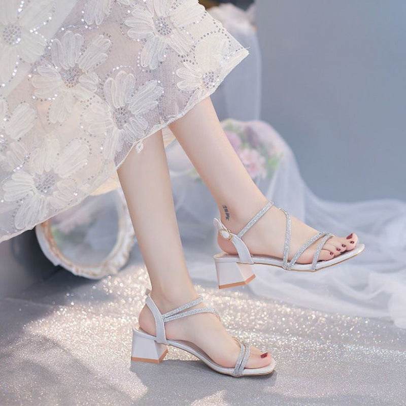 Women's Chunky Heel Sandals - Stylish Ankle Buckle Design in Beige & Gold - Buy Center