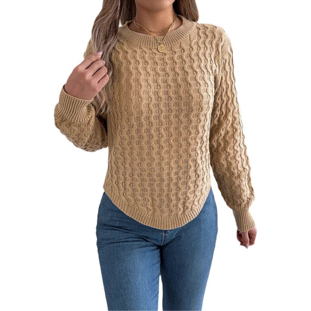Twist Lantern Sleeve Irregular Pullover Sweater - Khaki & Wine Red - Buy Center