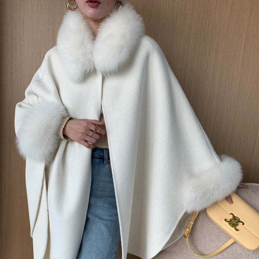 Buycenter Cape Fox Fur Collar Wavy Coat - Stylish Wool Blend Jacket - Buy Center
