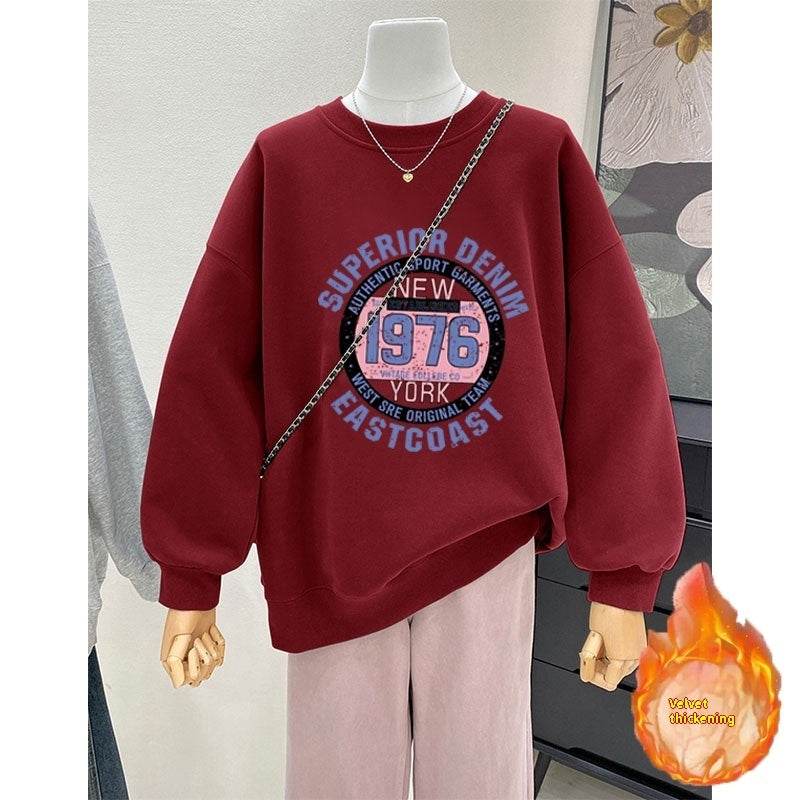 Retro Loose Round Neck Hoodie for Women - Cartoon Design & Long Sleeve - Buy Center