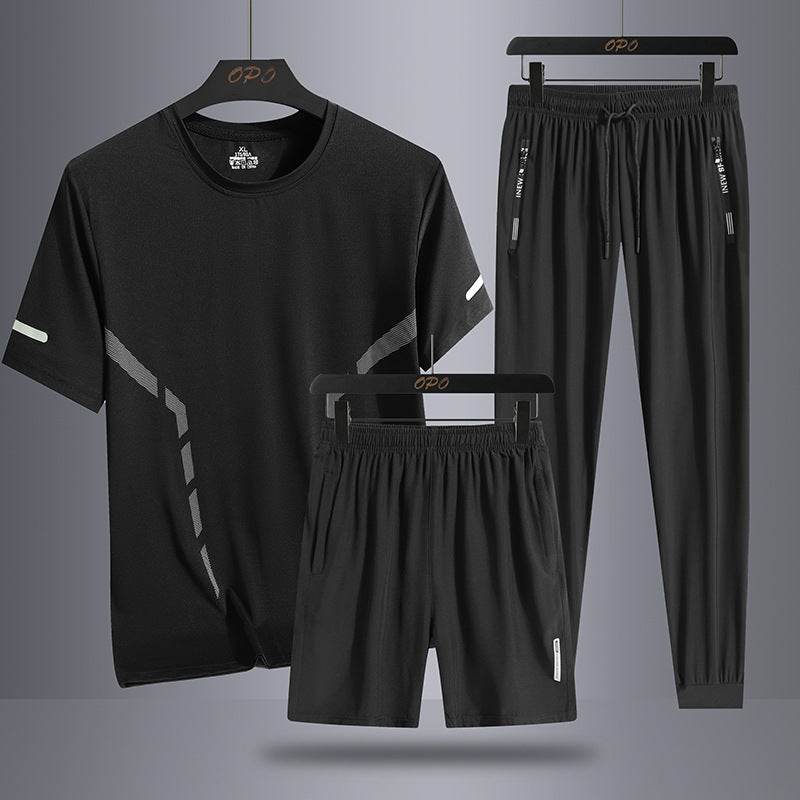 Men's Sports Three-Piece Set - Breathable Short Sleeve & Shorts for Comfort - Buy Center