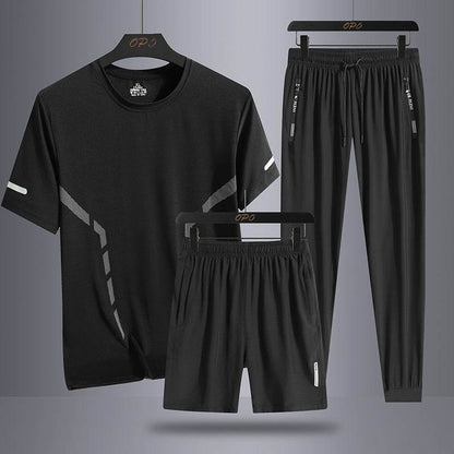 Men's Sports Three-Piece Set - Breathable Short Sleeve & Shorts for Comfort - Buy Center