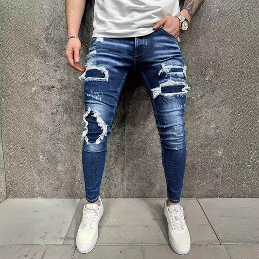 European & American Fashion Men's Jeans - Worn-Out Patch Design, Mid Waist - Buy Center