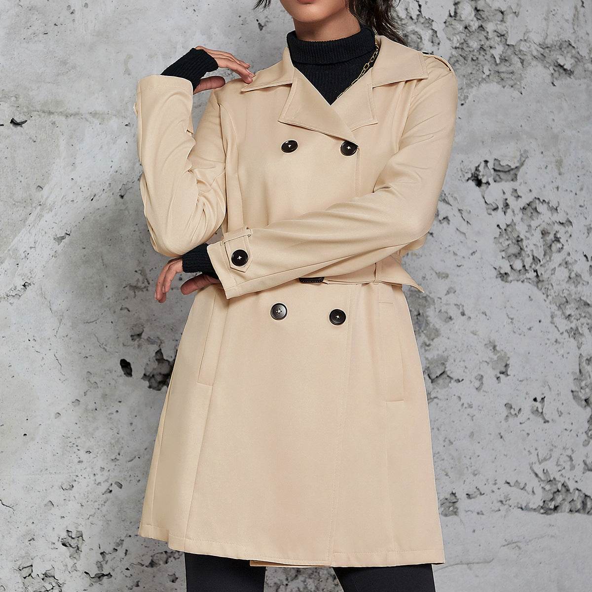 Women's Mid-Length Trench Coat - Elegant Apricot Design, British Style - Buy Center