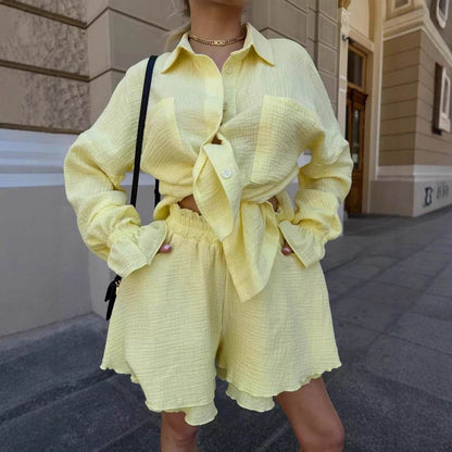 Ruffled Long Sleeve Shirt & Casual Shorts Set - Premium Cotton in Colors - Buy Center
