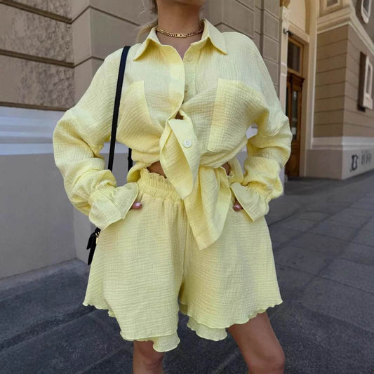 Ruffled Long Sleeve Shirt & Casual Shorts Set - Premium Cotton in Colors - Buy Center