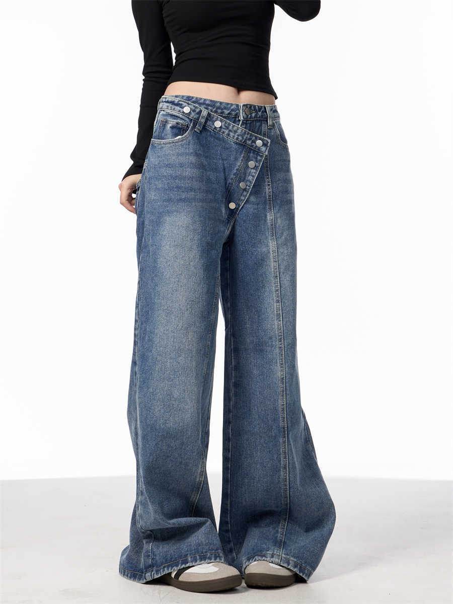 Irregular Breasted Blue Wide Leg Jeans - Trendy Loose Fit for Women - Buy Center