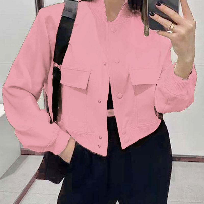 Buycenter Women's Jacket Coat - Stand Collar, Large Pocket, Short Length - Buy Center
