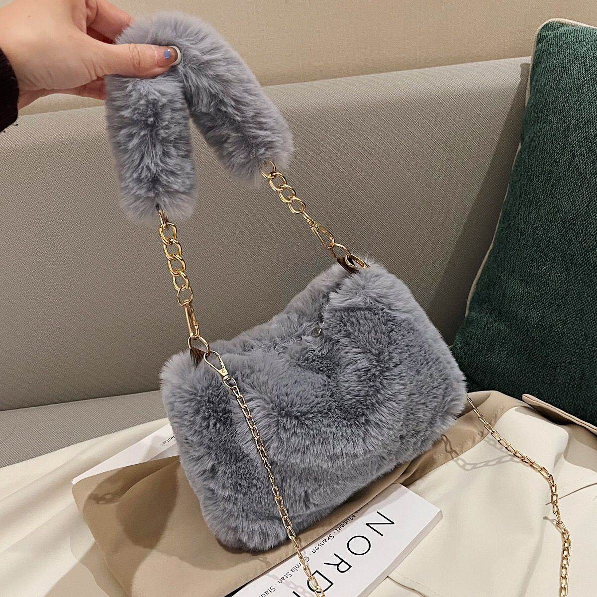 Pearl Chain Plush Bag - Stylish Clutch for Women in Milky White & Khaki - Buy Center