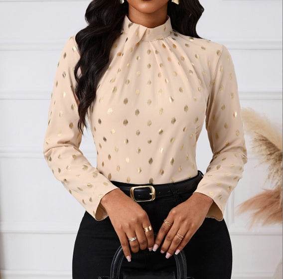 Buycenter Ladies' Polka Dot Long Sleeve Shirt - Casual Pleated Collar - Buy Center