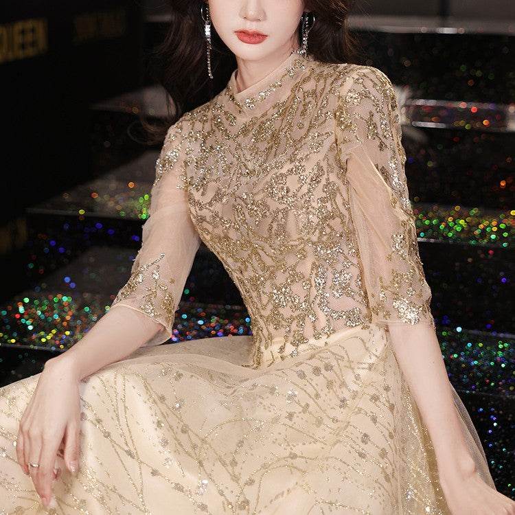 Buycenter Champagne Gold Evening Dress - Luxury Beaded Design, XS-3XL - Buy Center