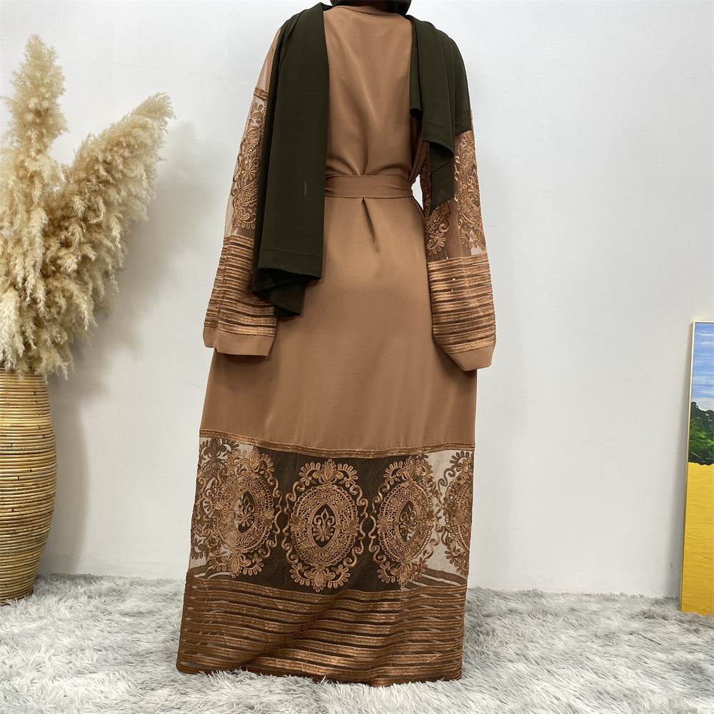 Buycenter Embroidered Mesh Robe Dress - Elegant Women's Long Trench Coat - Buy Center