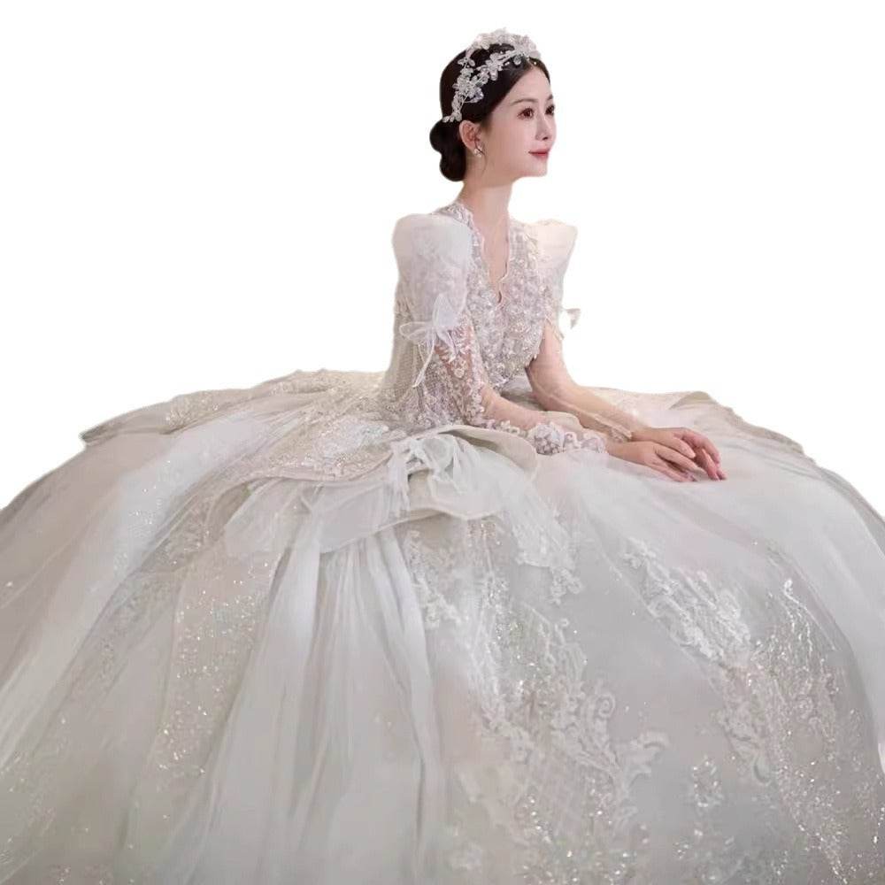 Bride Main Yarn Long Sleeve Wedding Dress - French Retro Trailing Elegance - Buy Center