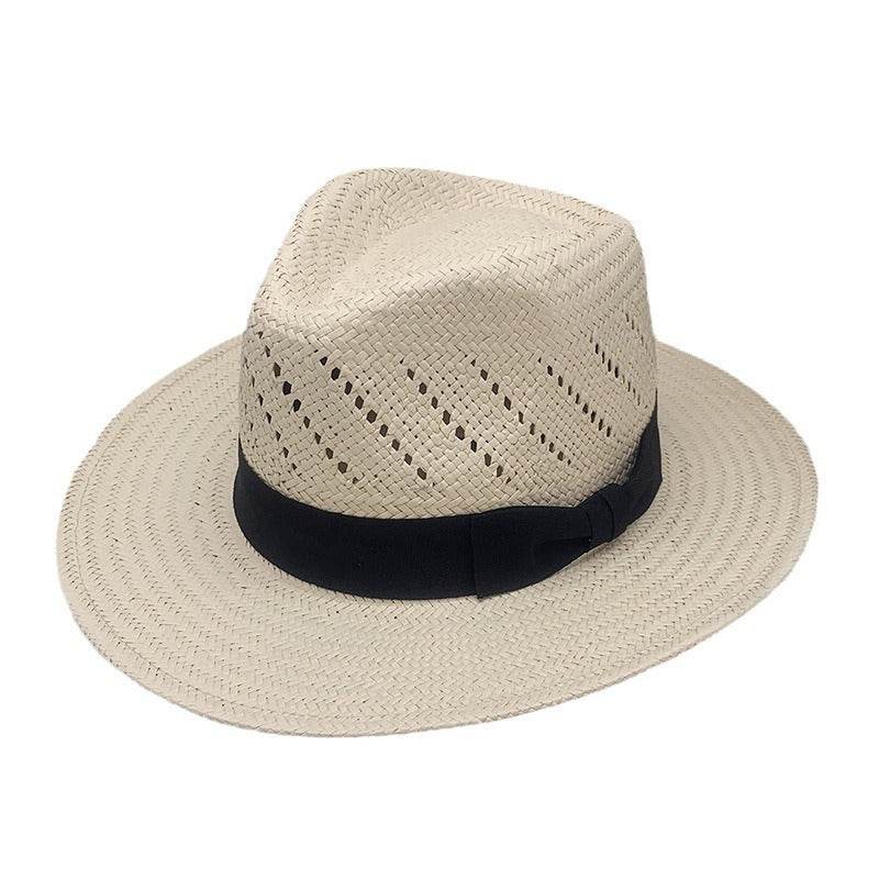 Striped Bow Flat-Brimmed Jazz Straw Top Hat - Adjustable & Stylish Sun Protection - Buy Center