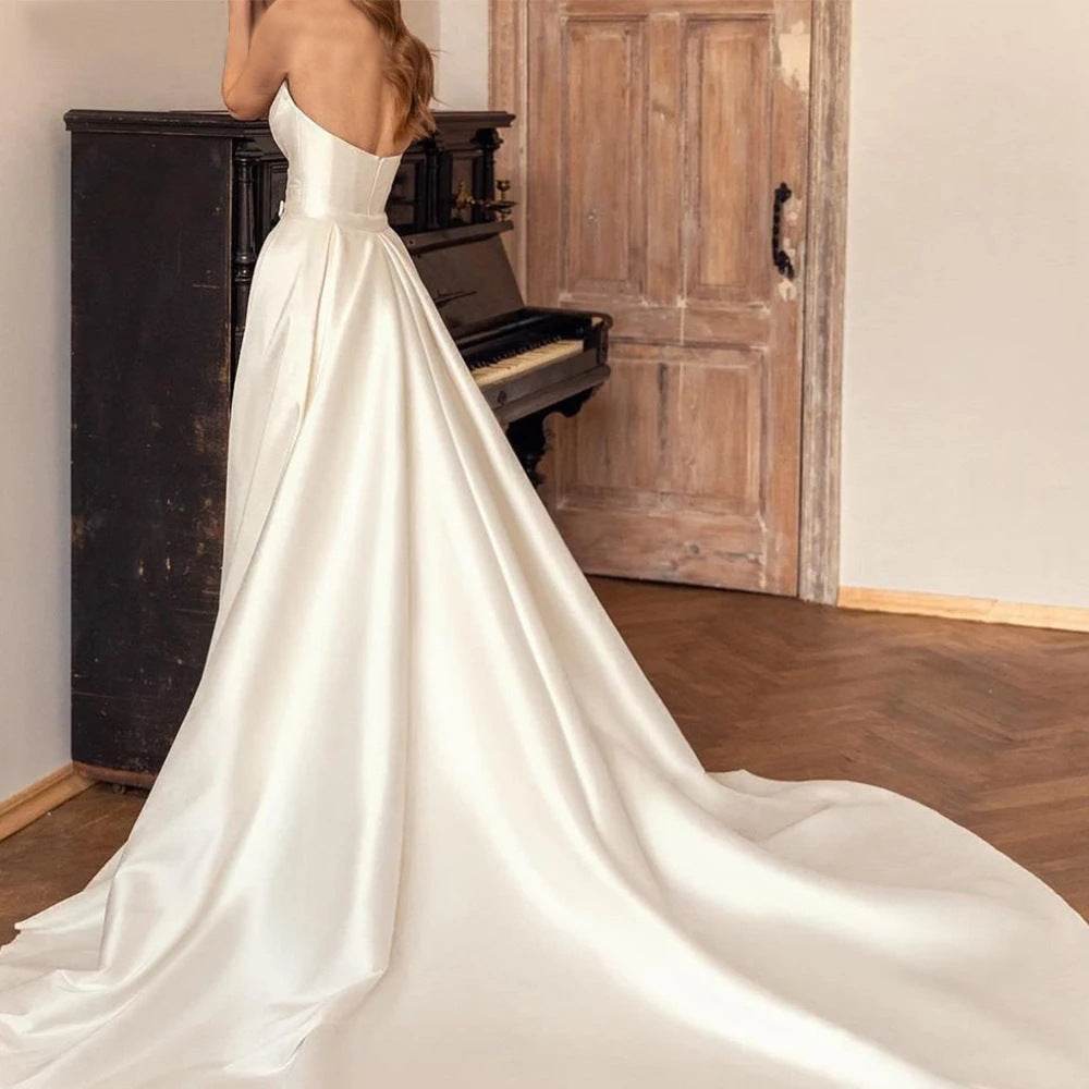 Elegant Satin Sheath Backless Wedding Dress with Detachable Train - Buy Center