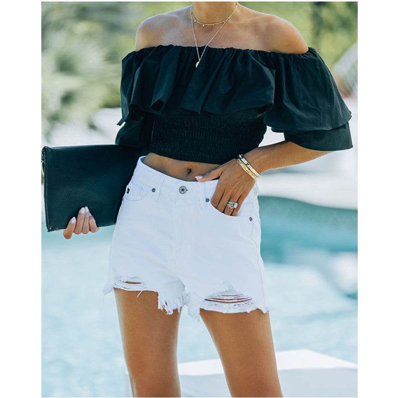 Buycenter Women's High Waist White Denim Shorts - Raw Edge Style - Buy Center