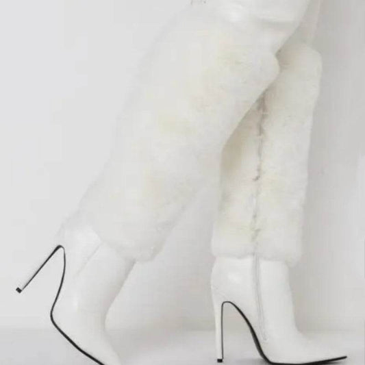 Buycenter Women's Over-the-Knee Stiletto Boots - Solid Color Plush Design - Buy Center