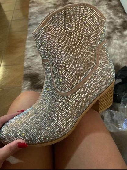 Buycenter Pointed High Heel Ankle Boots - Chunky Rhinestone Design - Buy Center