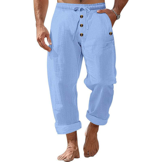 Buycenter Solid Color Cotton Linen Beach Pants - Casual Loose Fit Trousers - Buy Center