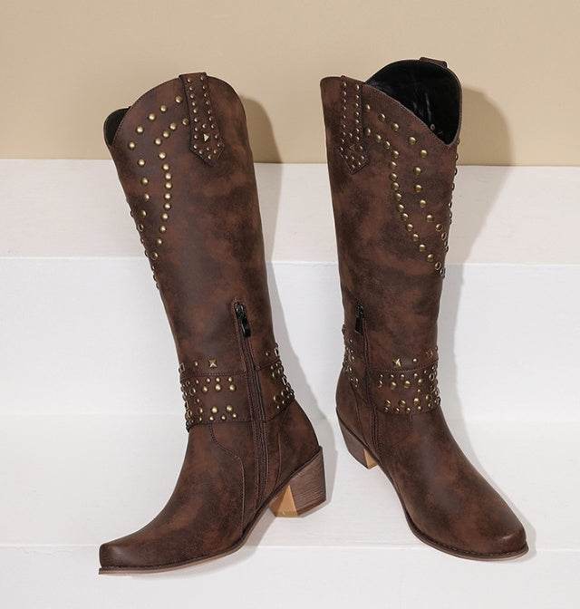 Buycenter Women's High Boots - Autumn & Winter Rivet Thick Heel Design - Buy Center