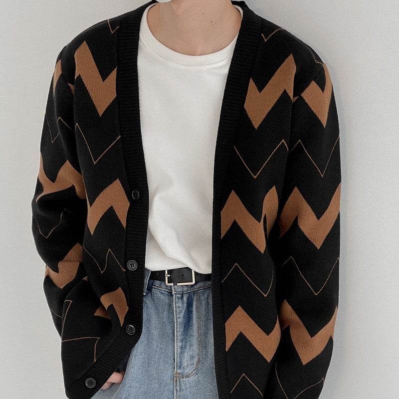 Buycenter Men's Wave Pattern Cardigan Sweater - Youth Pop Style - Buy Center