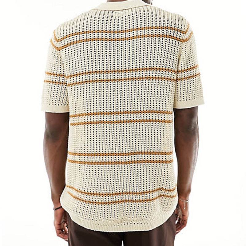 Men's Khaki Knitwear Cardigan - Stylish Lapel Design & Short Sleeve - Buy Center
