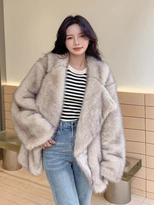 Stylish Mid-Length Loose Faux Wool Coat - Large Lapel Winter Essential - Buy Center
