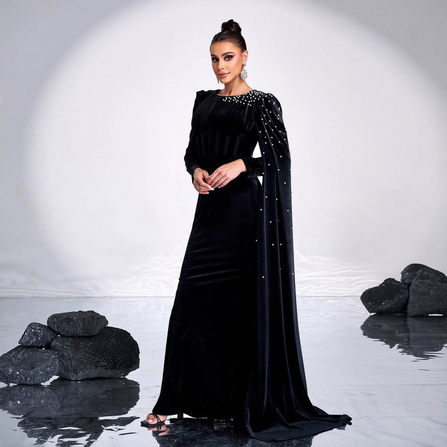 Elegant Velvet Round Neck Dress - Long Sleeve Rhinestone Evening Wear - Buy Center