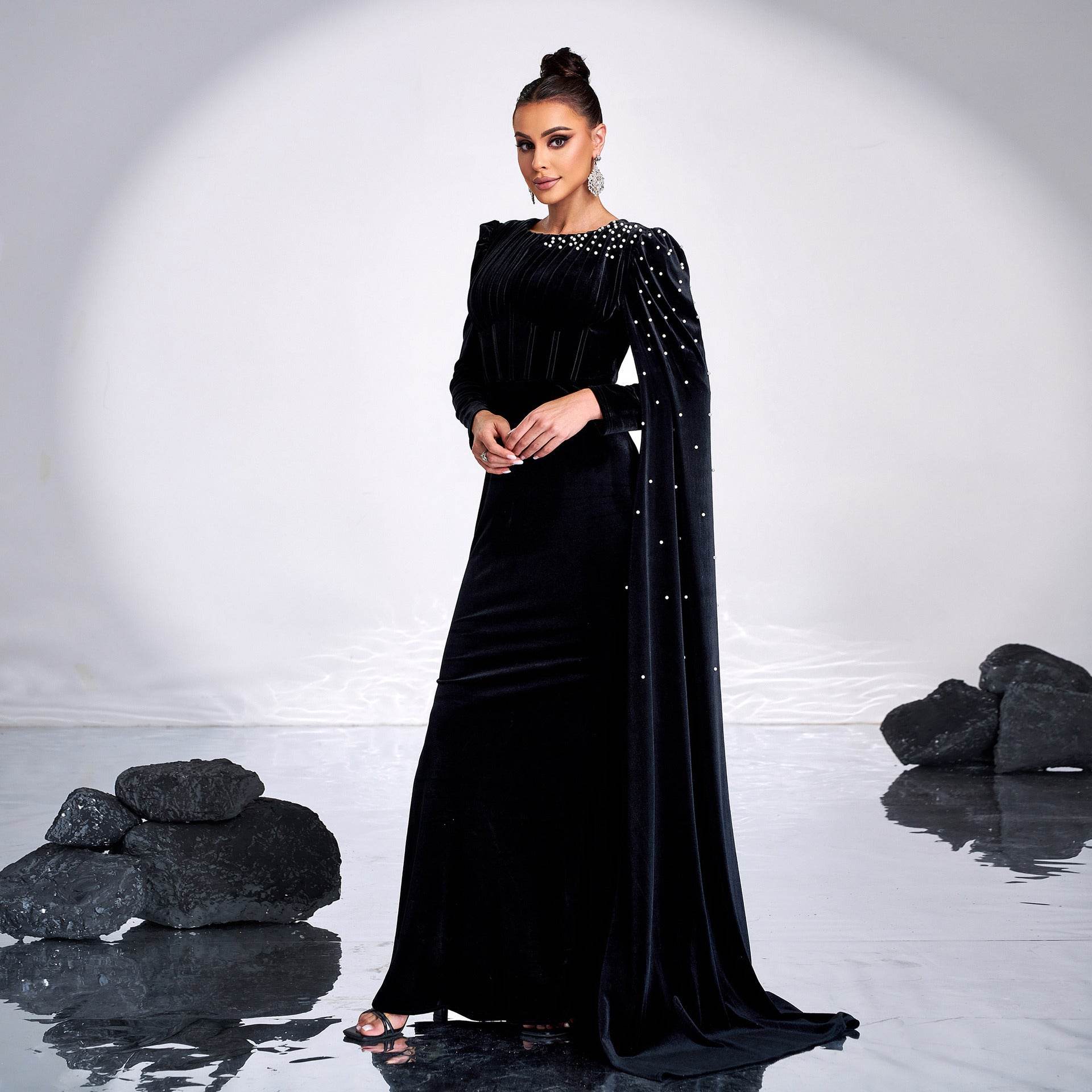Elegant Velvet Round Neck Dress - Long Sleeve Rhinestone Evening Wear - Buy Center