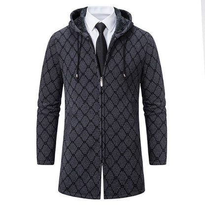 Stylish Men's Mid-Length Sweater Coat - Plaid Design with Removable Hood - Buy Center