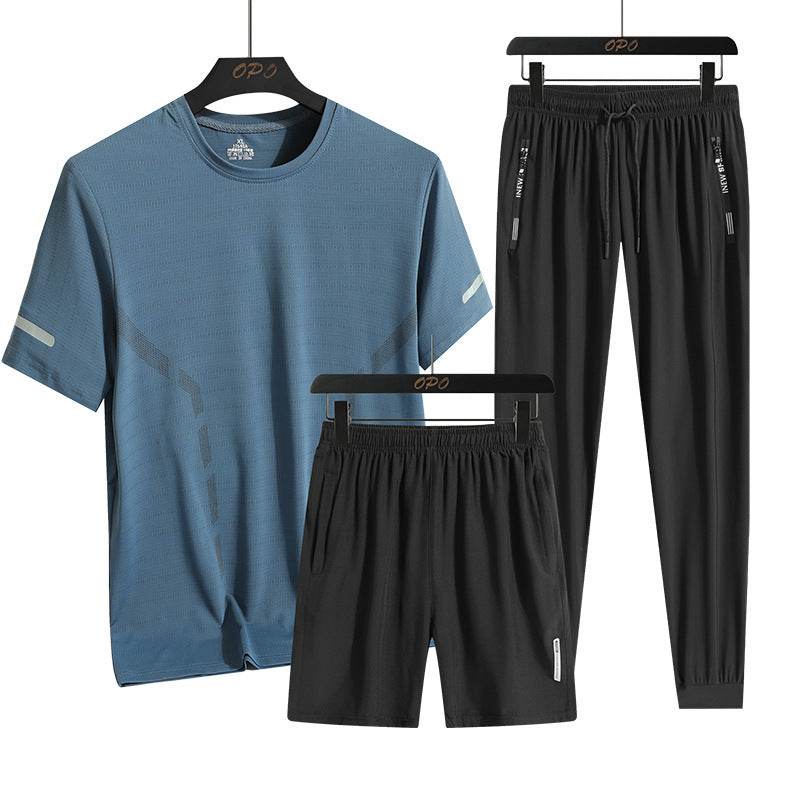 Men's Sports Three-Piece Set - Breathable Short Sleeve & Shorts for Comfort - Buy Center