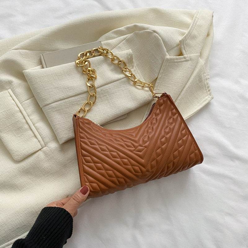 Buycenter Pleated Chain Baguette Shoulder Bag - Stylish PU Evening Accessory - Buy Center