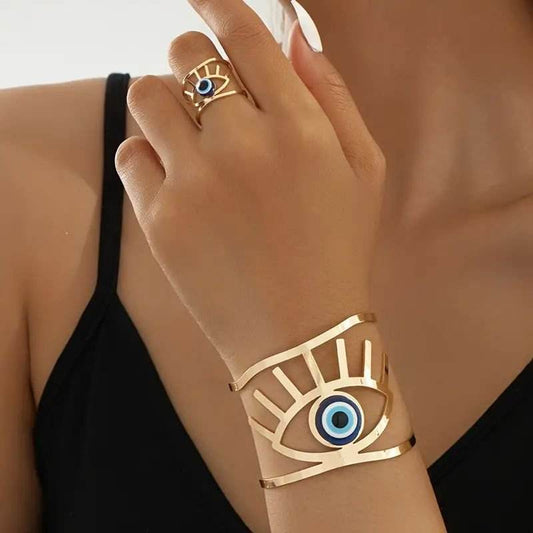 Buycenter 14K Gold Plated Bangle & Adjustable Ring Set - Golden Eye Charm - Buy Center
