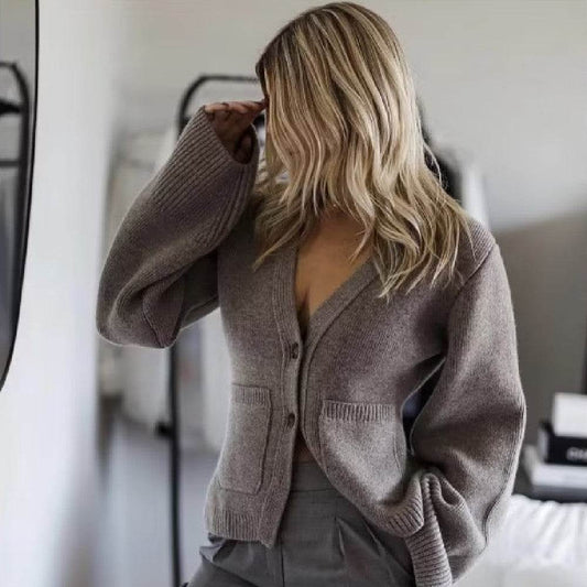 Women's Knitted Jacket - Versatile Khaki Cardigan for Every Occasion - Buy Center