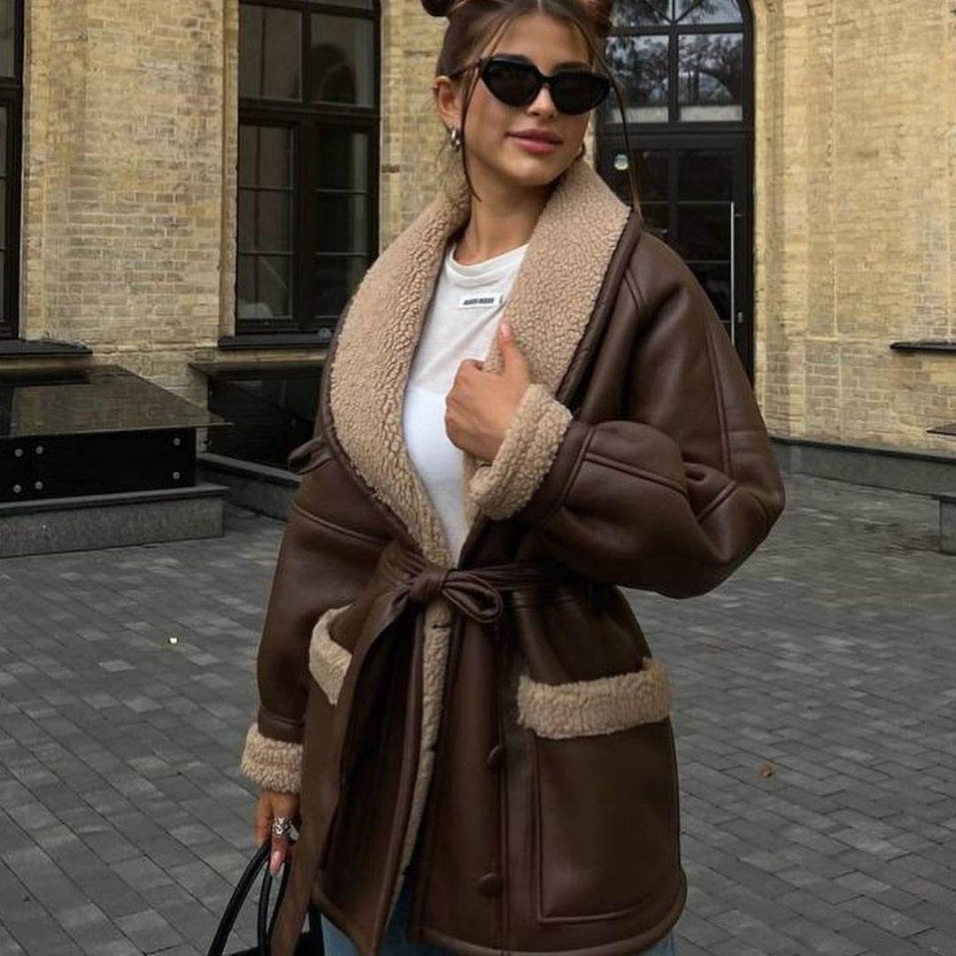 Korean Style Leather & Fur Coat - Trendy, Warm Long Sleeve Design - Buy Center