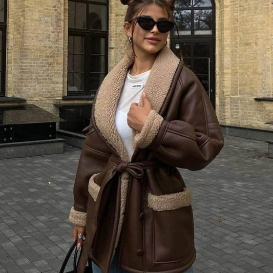 Korean Style Leather & Fur Coat - Trendy, Warm Long Sleeve Design - Buy Center