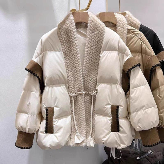 Stylish V-Neck Furry Down Jacket - Padded Winter Coat for Women - Buy Center