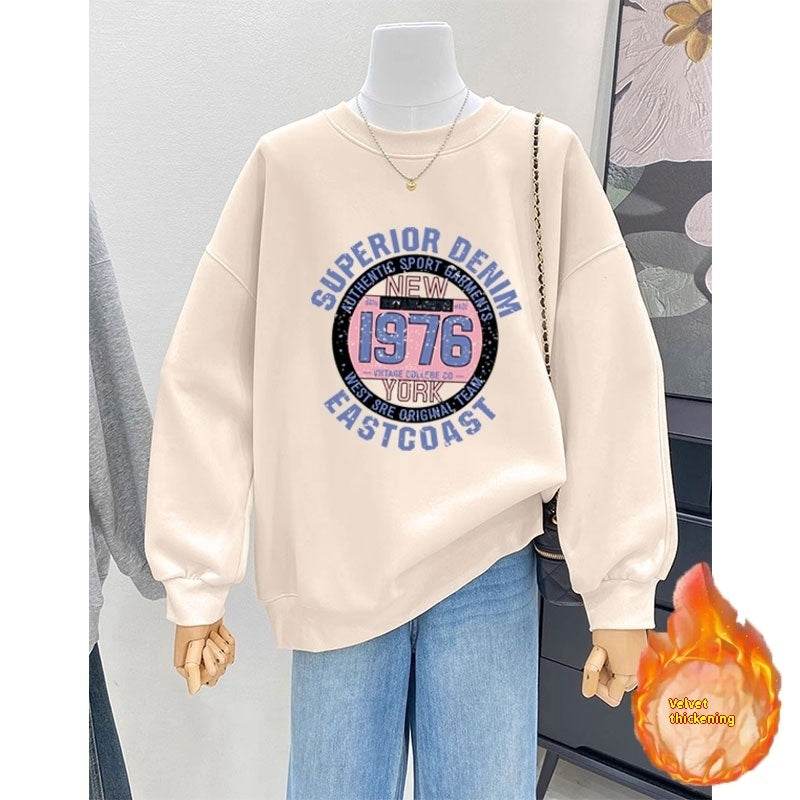 Retro Loose Round Neck Hoodie for Women - Cartoon Design & Long Sleeve - Buy Center