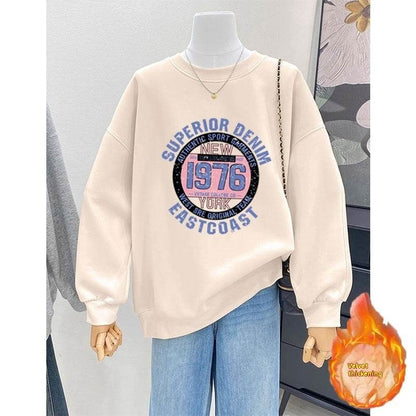 Retro Loose Round Neck Hoodie for Women - Cartoon Design & Long Sleeve - Buy Center