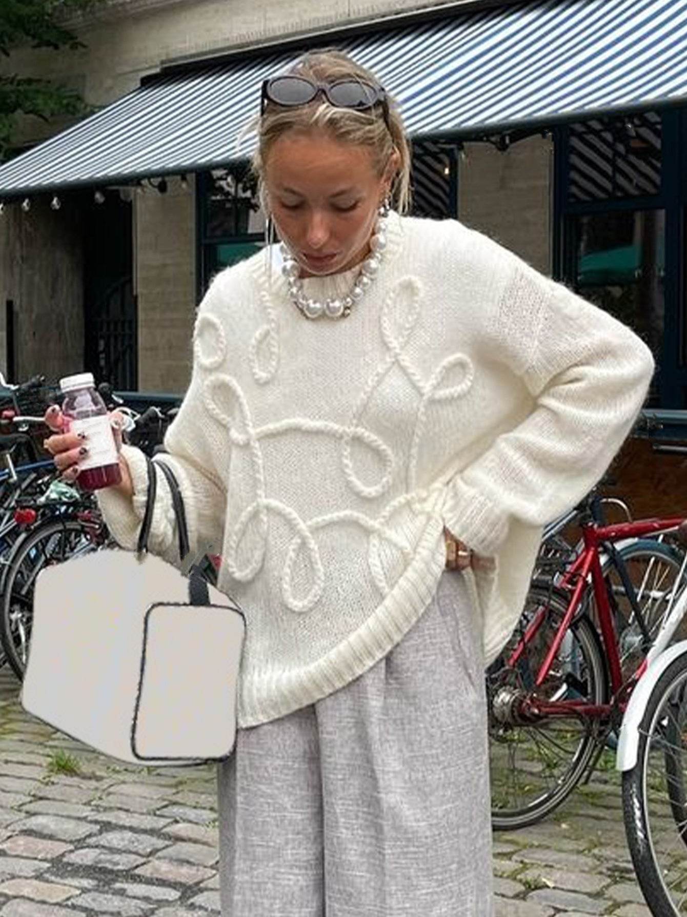 Buycenter Solid Color Wool Sweater - Long Sleeve Irregular Embroidery - Buy Center