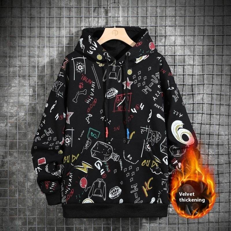 Men’s Fleece-Lined Graffiti Hoodie - Cozy Urban Style for Winter 2025 - Buy Center